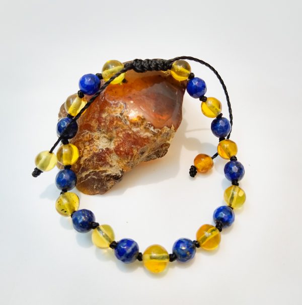 Pulsera artesanal de ámbar miel con lapislazuli