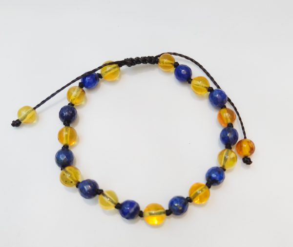 Pulsera artesanal de ámbar miel con lapislazuli